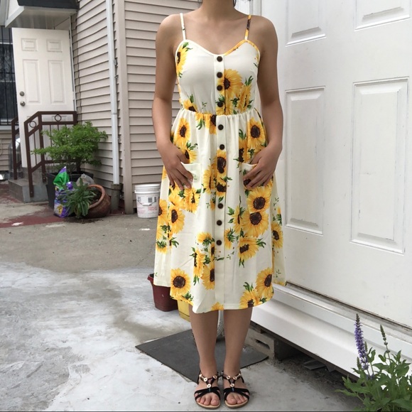 NEW Beige/Yellow Sunflower Print Sundress - Picture 2 of 7